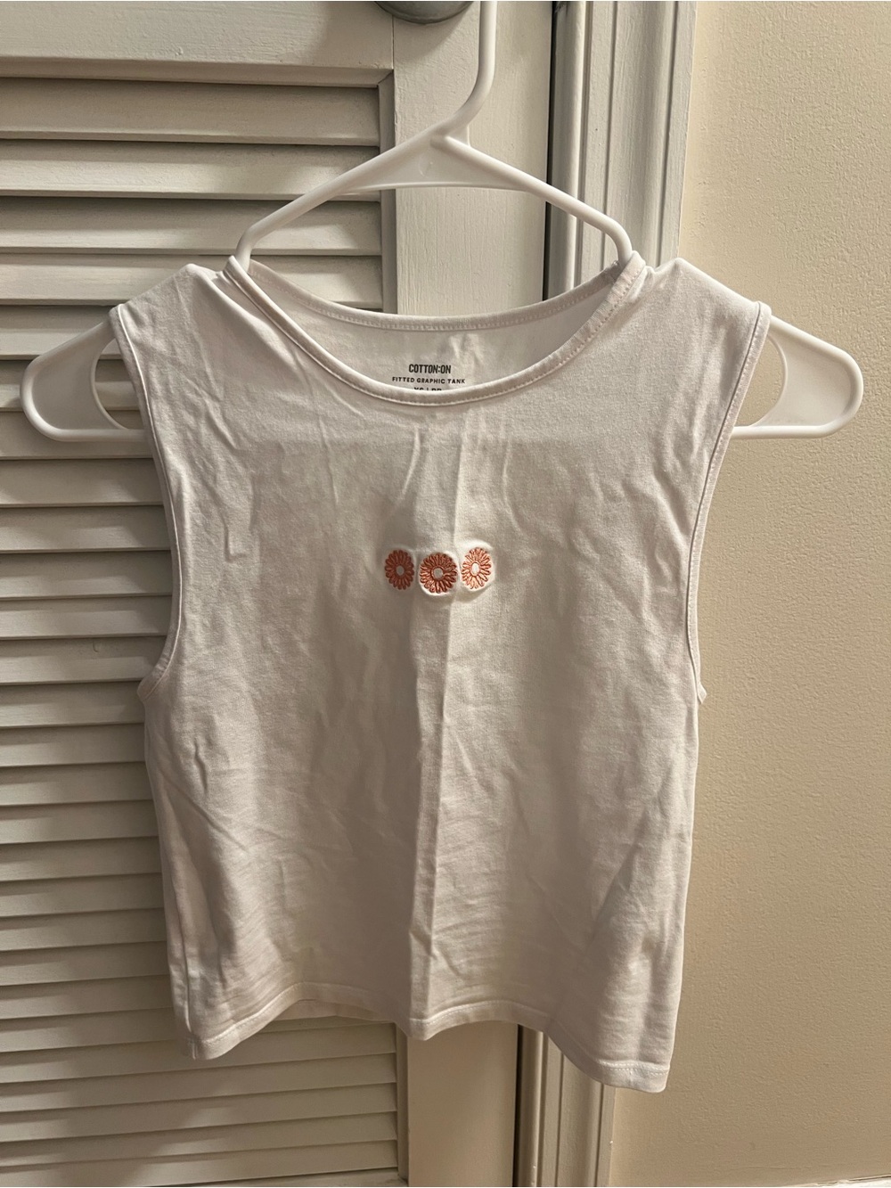 Cotton On White Fitted Tank with Coral Daisy Embroidery